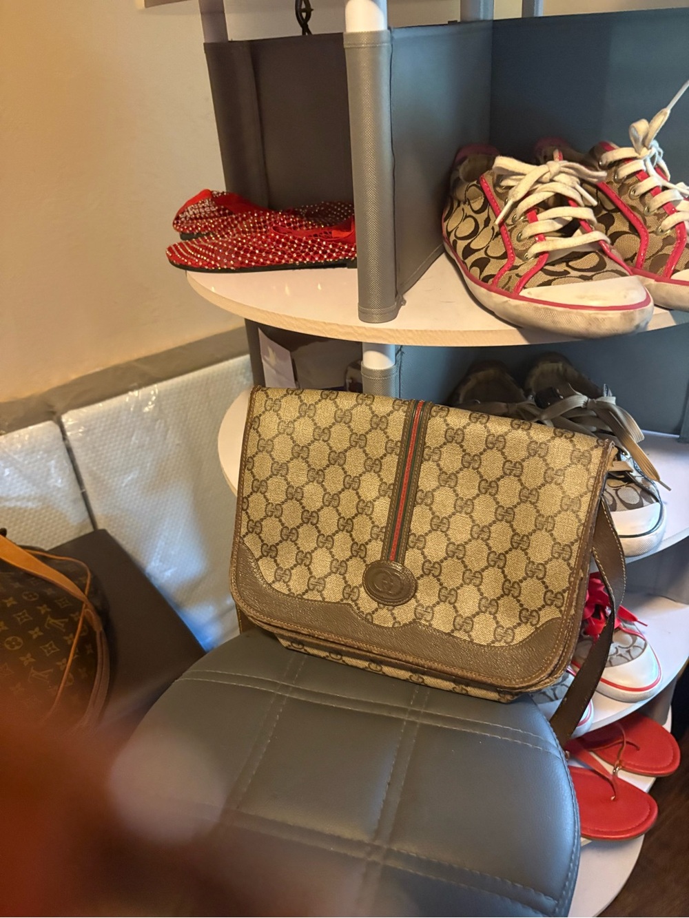 Gucci Beige/Brown GG Supreme Crossbody with Red-Green Web Stripe